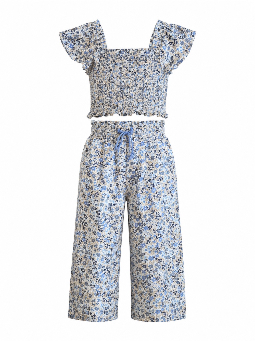 Tommy Bahama Girls Size 7/8 Blue Floral Smocked 2-Piece Cotton Pant Set
